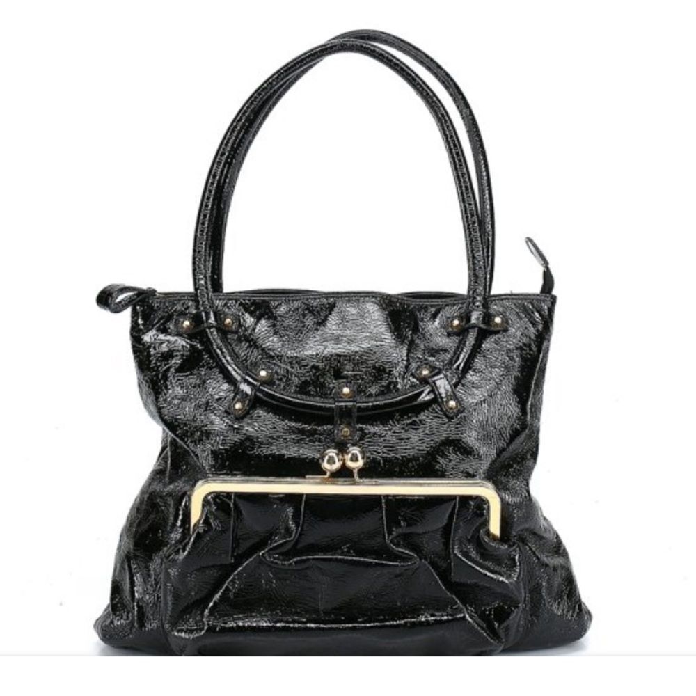 NEW Y2K Goldenbleu Black patent leather Oversized Dual Handle Bag Side Pocket